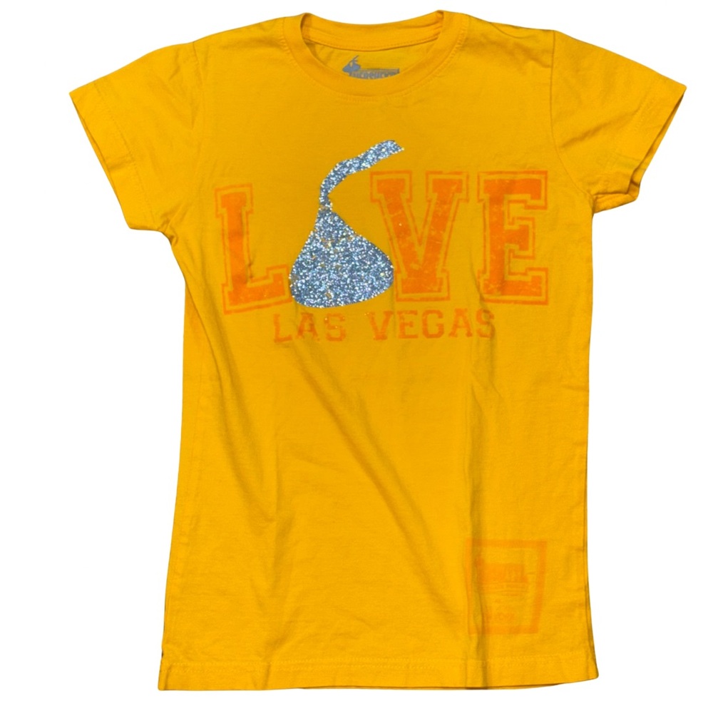 Hershey’s Chocolate World Las Vegas Women’s T-Shirt S Glitter Love Kisses Yellow